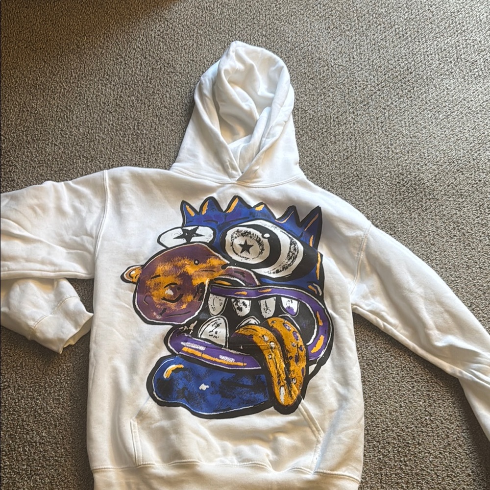 Gildan White Hoodie with Blue and Yellow Graphic